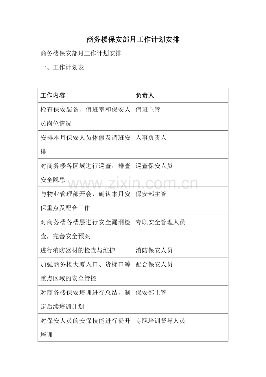 商务楼保安部月工作计划安排.pdf_第1页