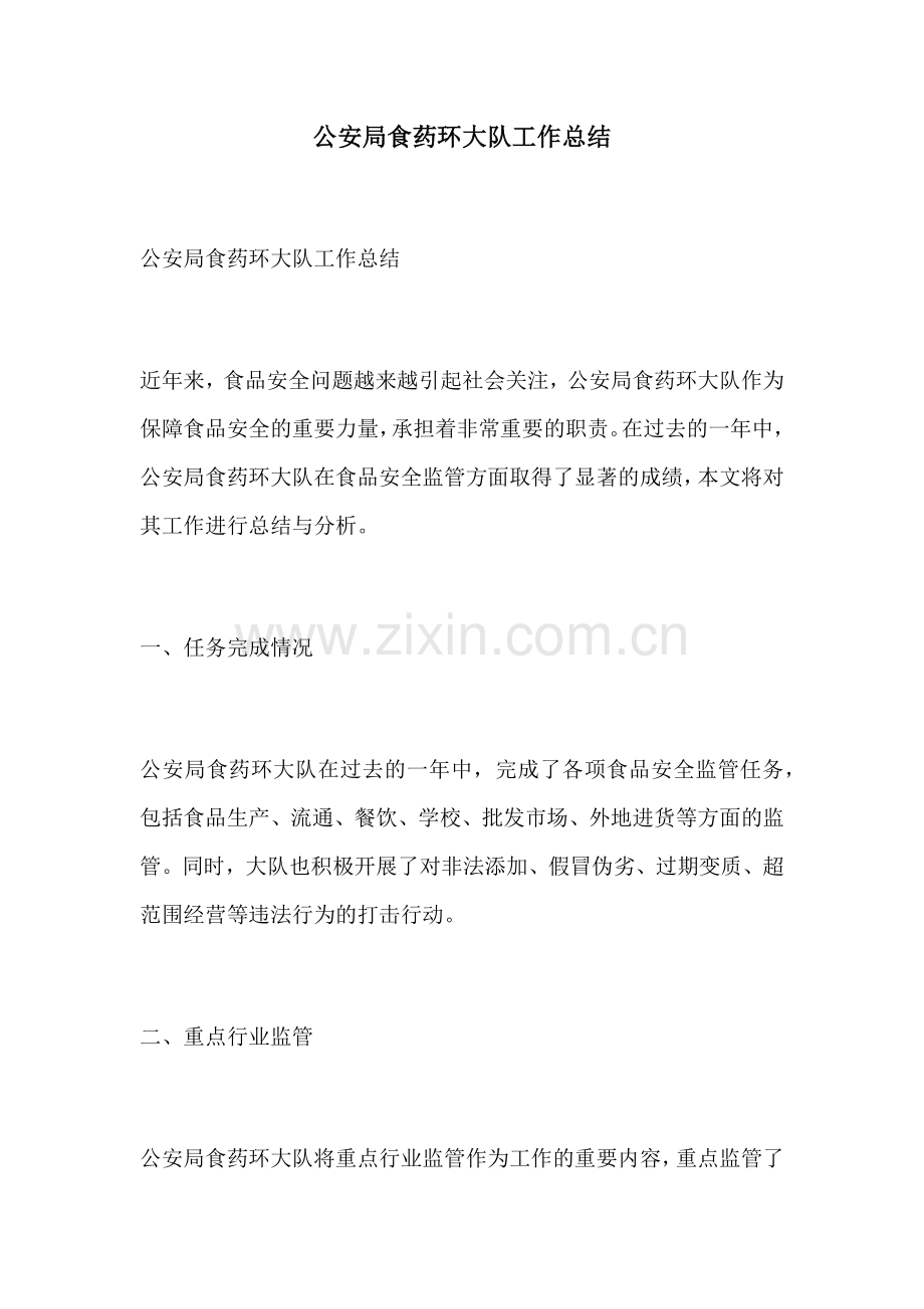 公安局食药环大队工作总结.docx_第1页