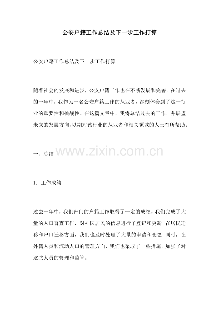 公安户籍工作总结及下一步工作打算.docx_第1页