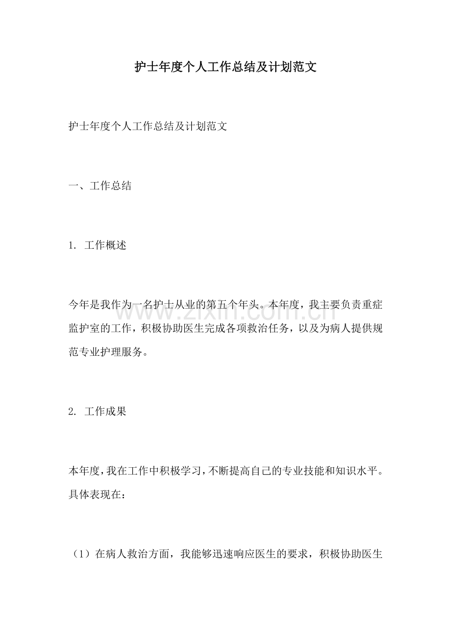 护士年度个人工作总结及计划范文.docx_第1页