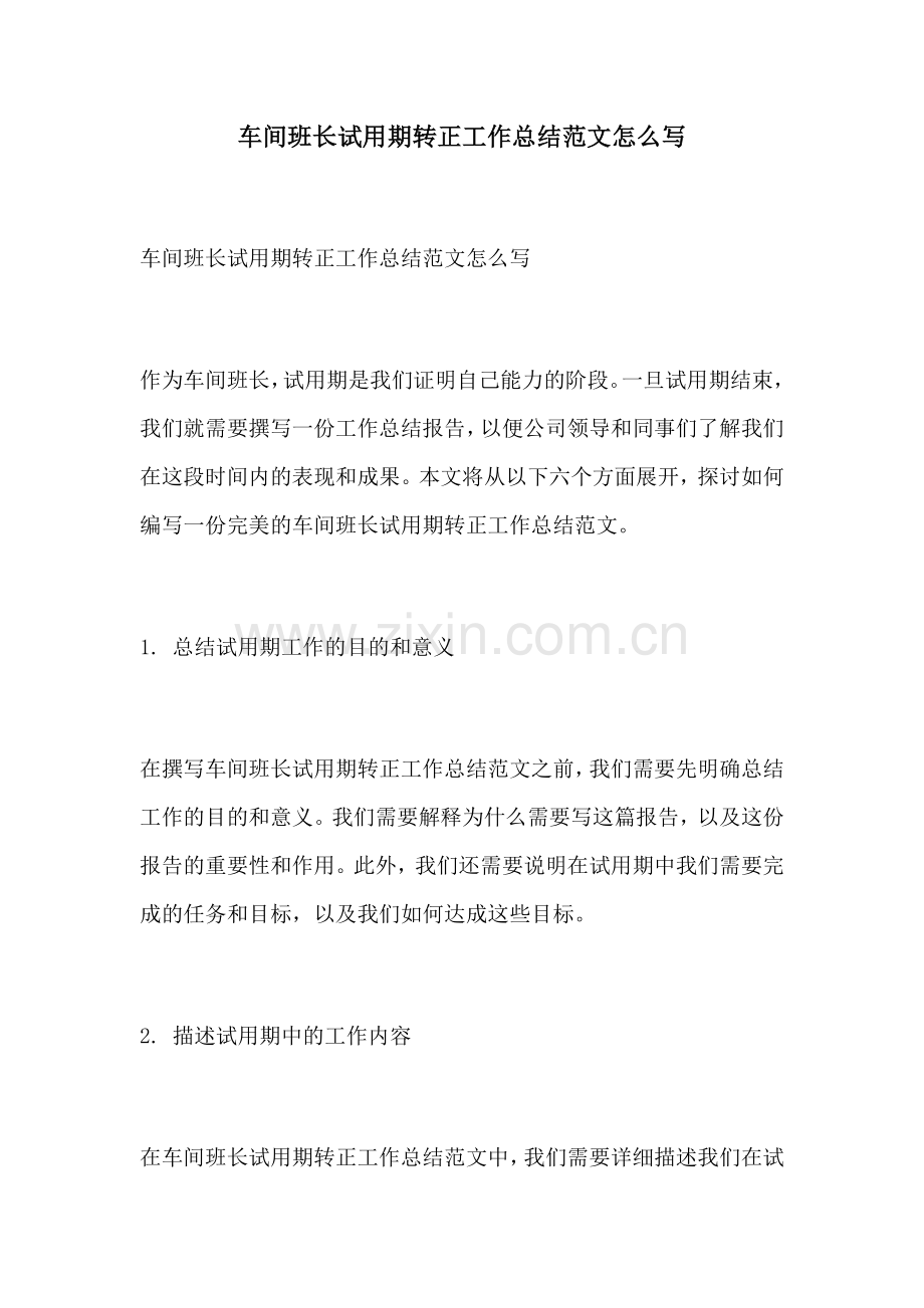 车间班长试用期转正工作总结范文怎么写.docx_第1页