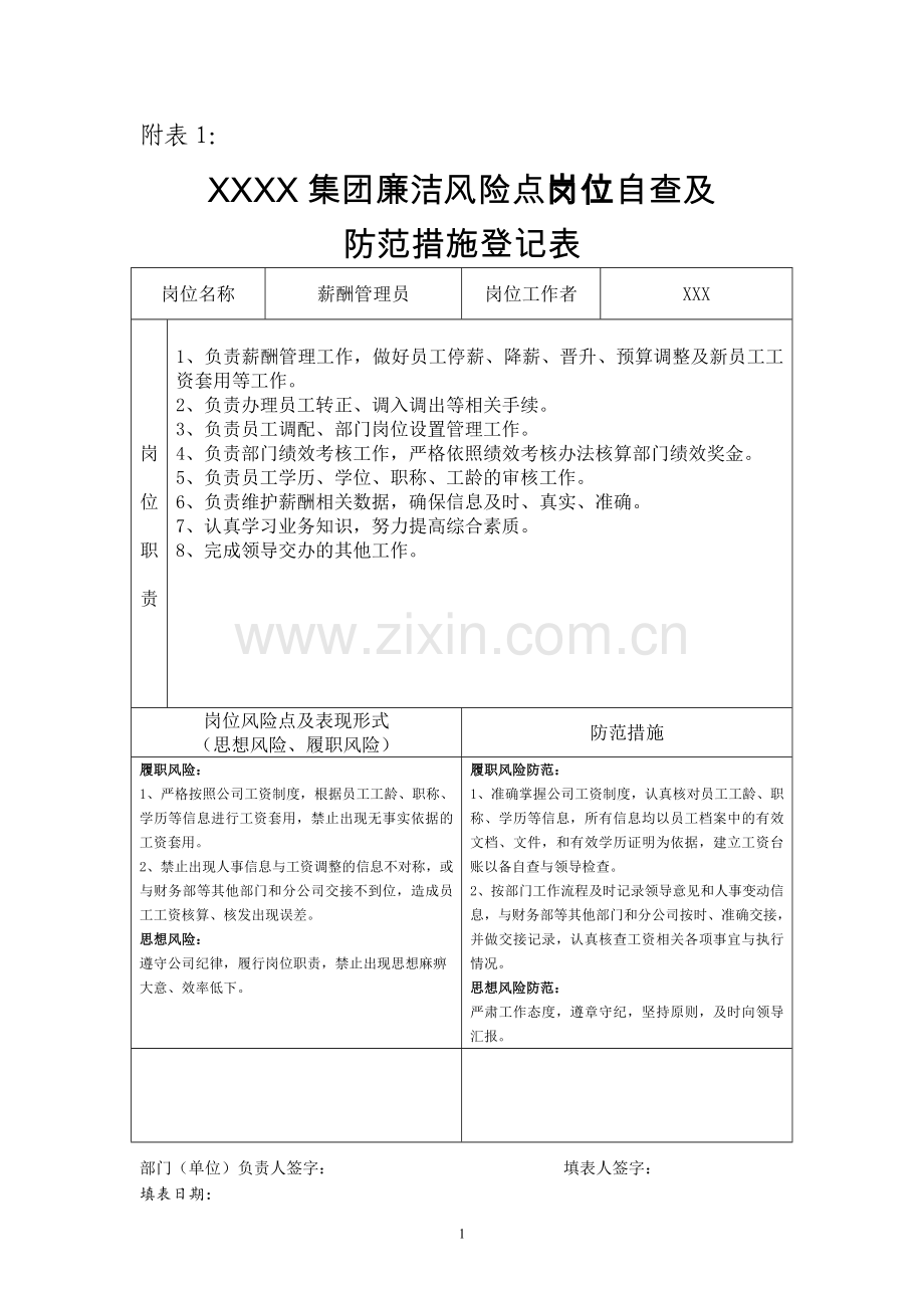 人力资源部廉洁自查表.doc_第1页