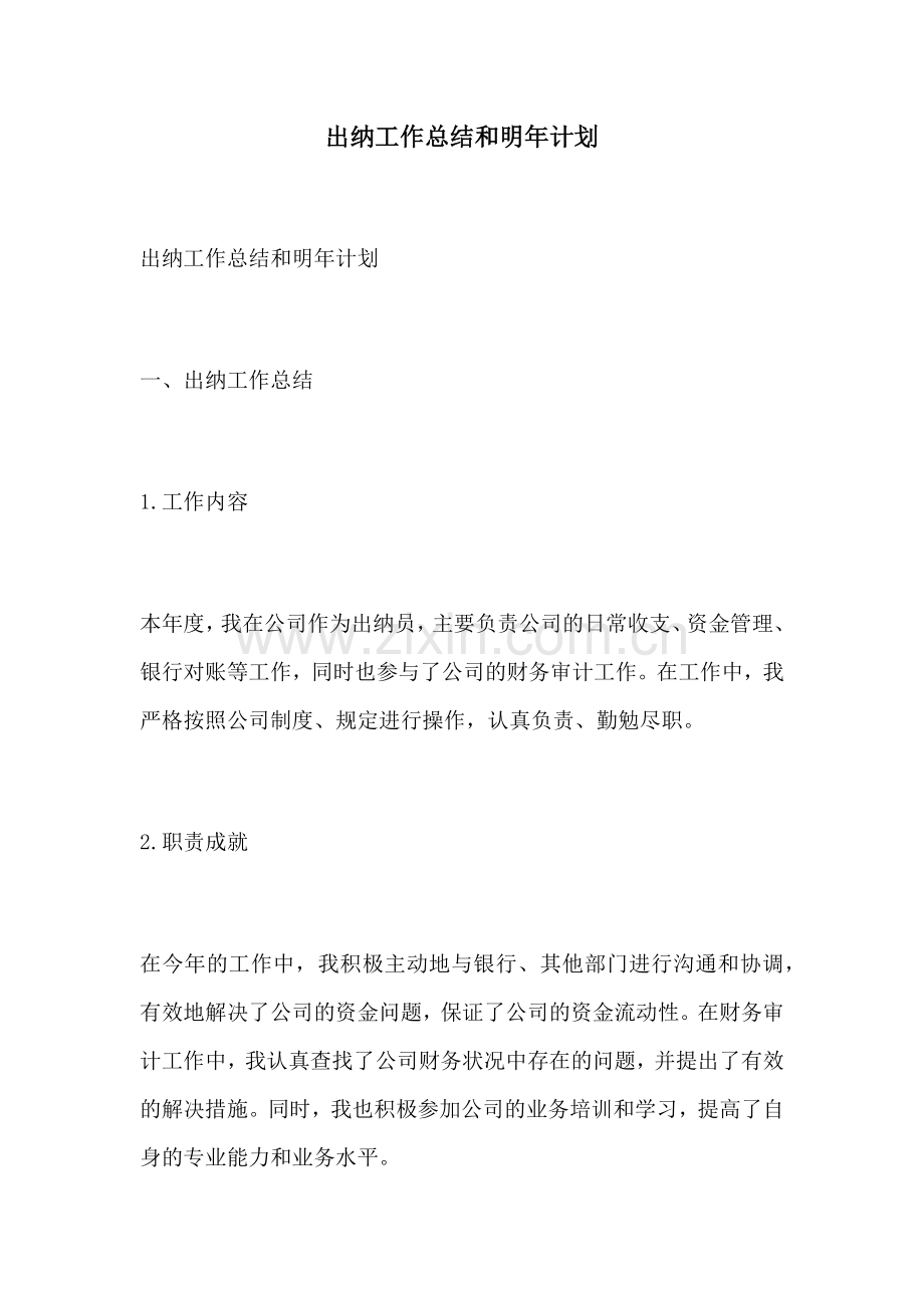 出纳工作总结和明年计划.docx_第1页