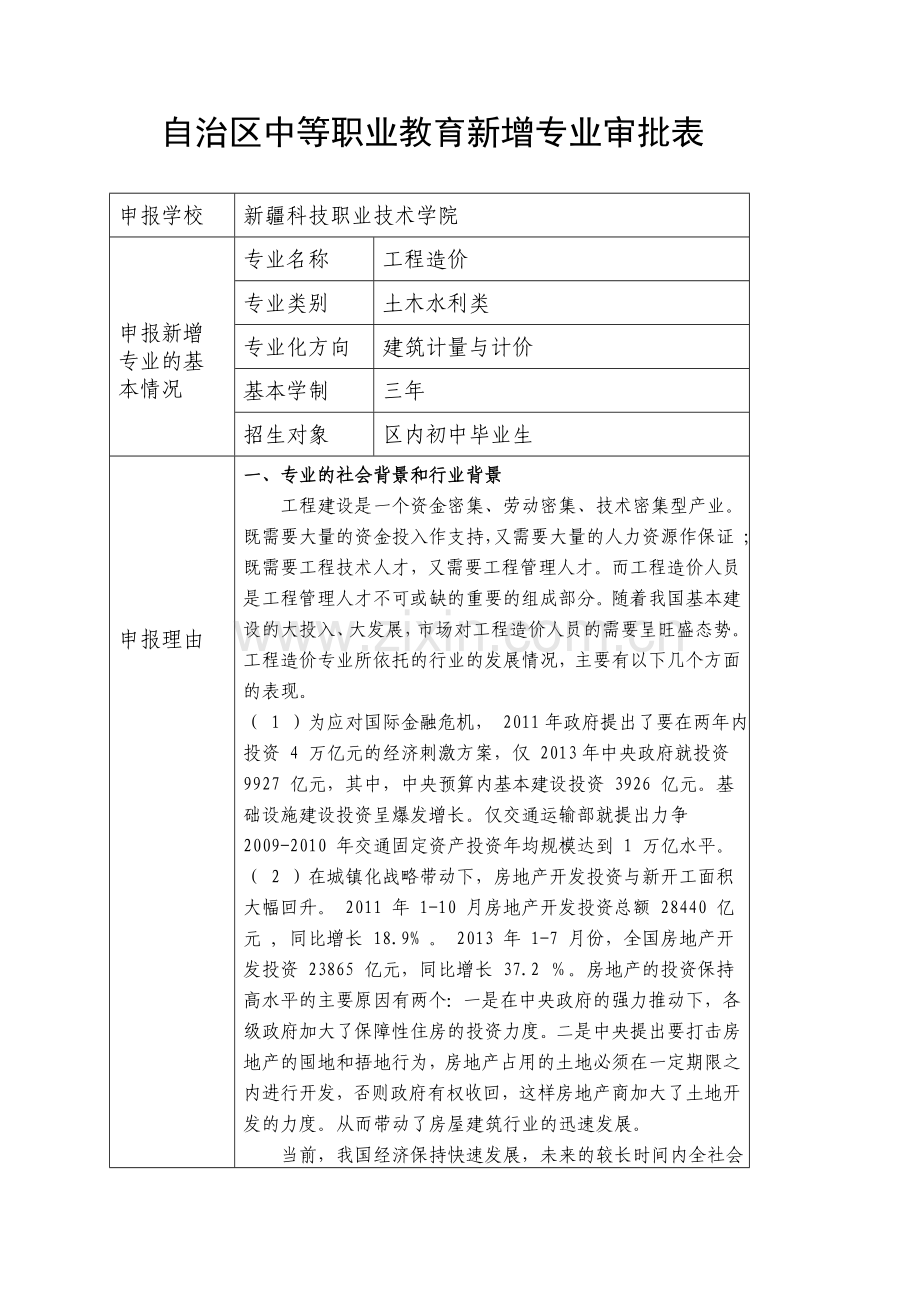 中职专业申报资料工程造价.doc_第1页