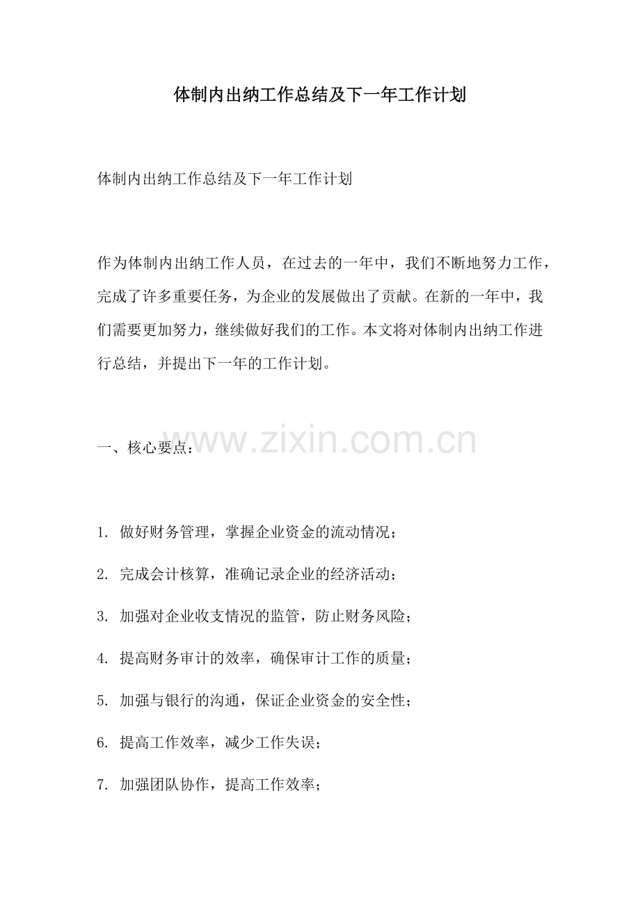 体制内出纳工作总结及下一年工作计划.docx_第1页
