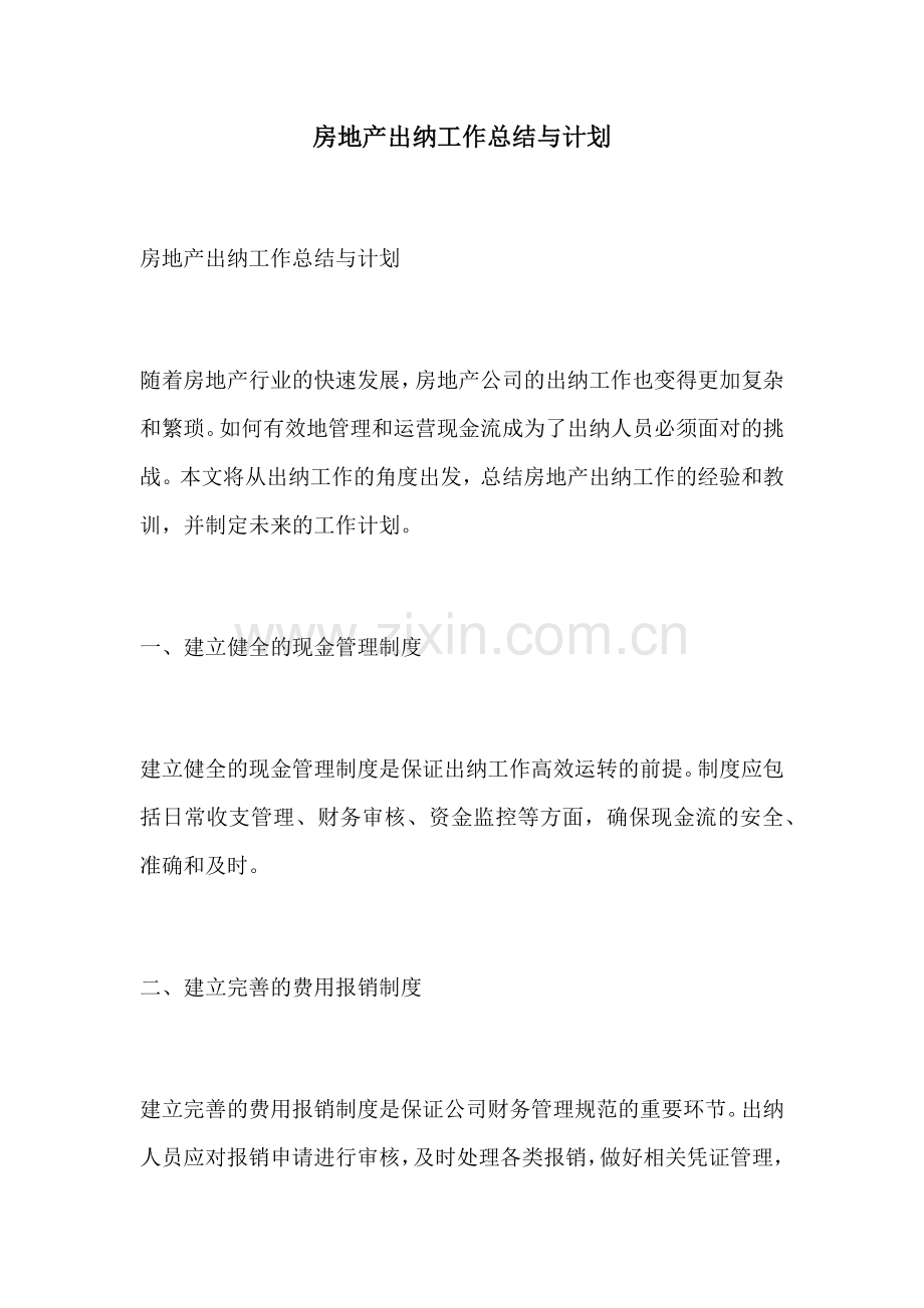 房地产出纳工作总结与计划.docx_第1页