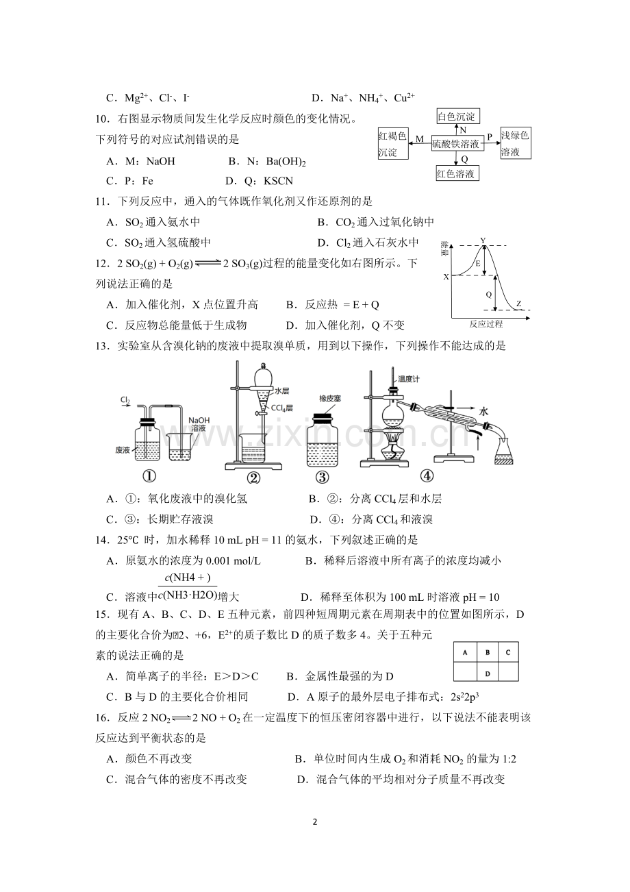 2015学年第二学期徐汇区高三化学学习能力诊断试卷及参考答案-2016.4-共11页.pdf_第2页