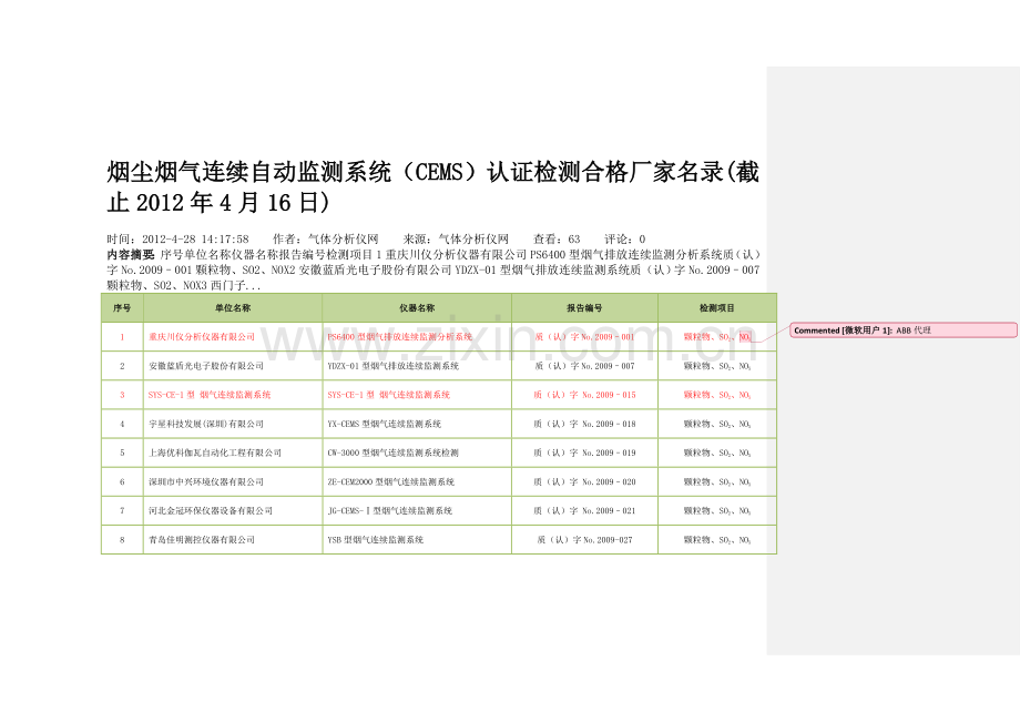 烟尘烟气连续自动监测系统CEMS认证检测合格厂家名录.doc_第1页