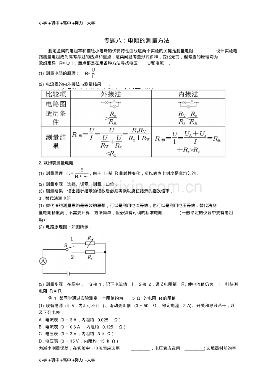 高考物理总复习解题方法专题精细讲解专题八电阻的测量方法学案.pdf_第1页