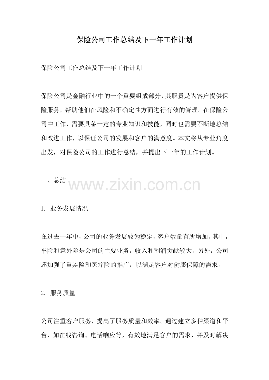 保险公司工作总结及下一年工作计划.pdf_第1页