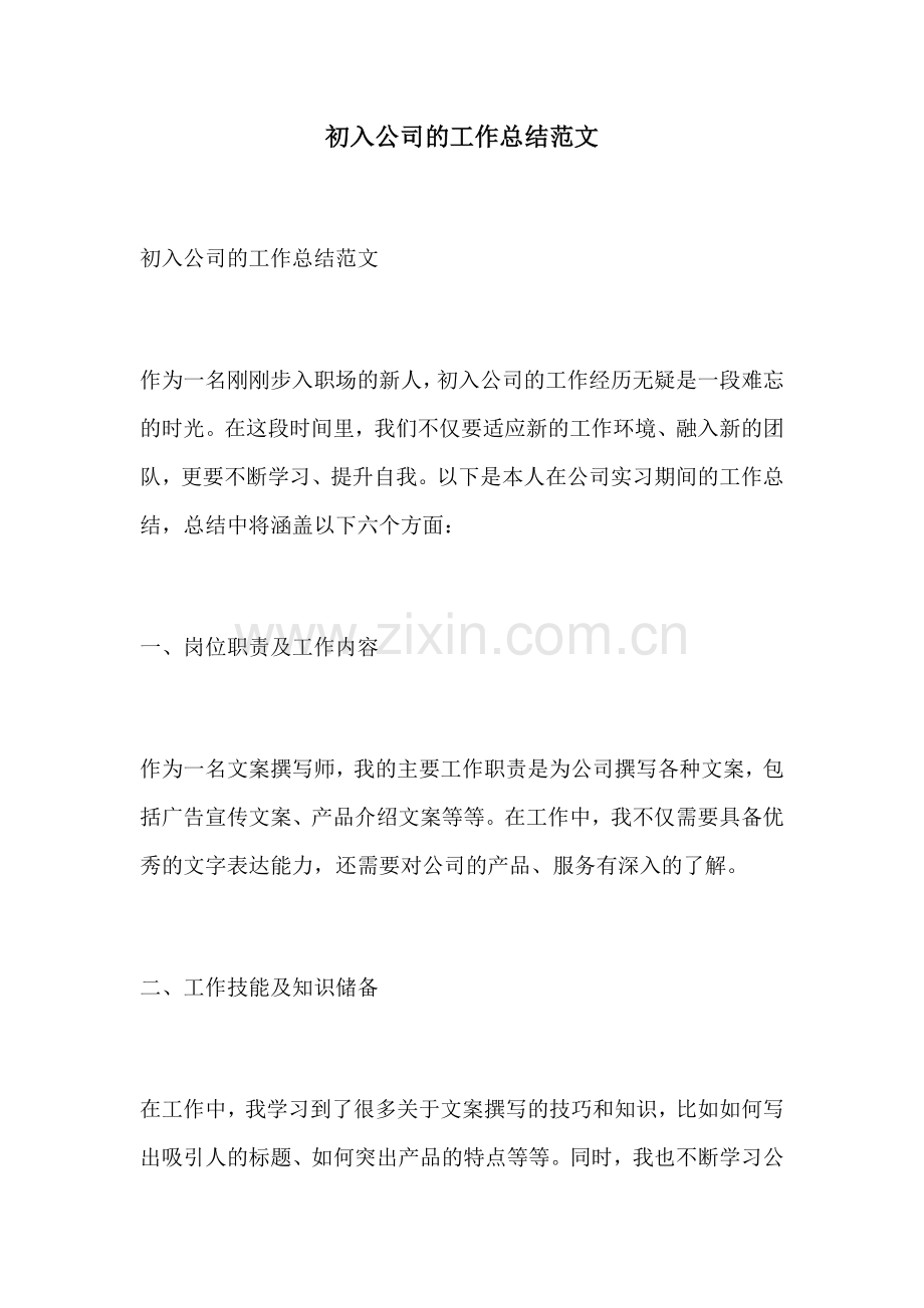 初入公司的工作总结范文.docx_第1页