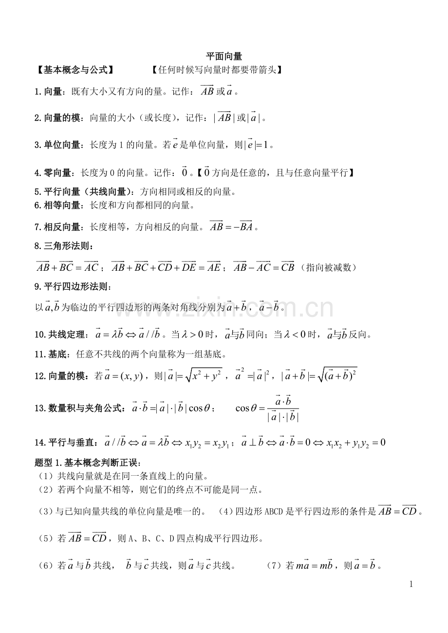 高中数学必修4平面向量知识点总结与典型例题归纳.doc_第1页