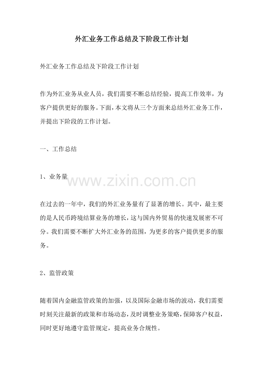 外汇业务工作总结及下阶段工作计划.pdf_第1页