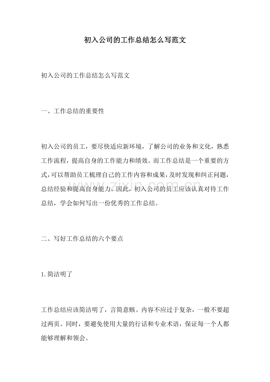 初入公司的工作总结怎么写范文.docx_第1页