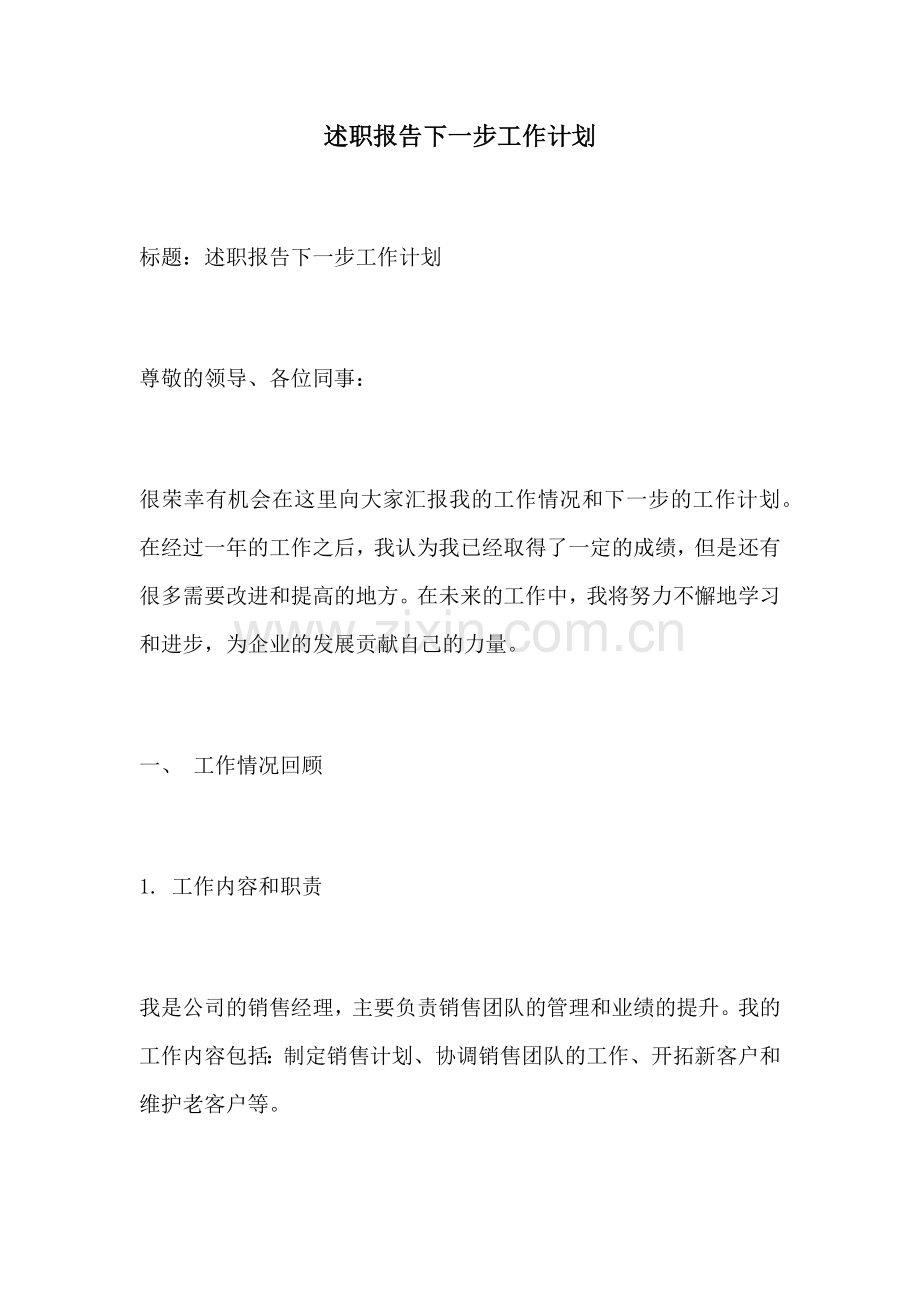 述职报告下一步工作计划.docx_第1页