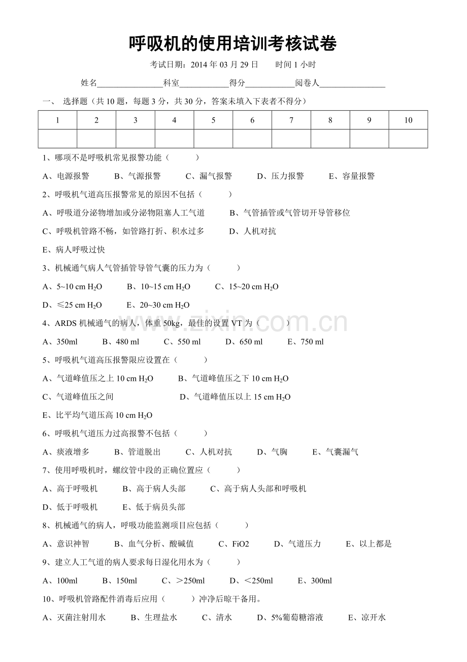 呼吸机的使用考试试卷.doc_第1页