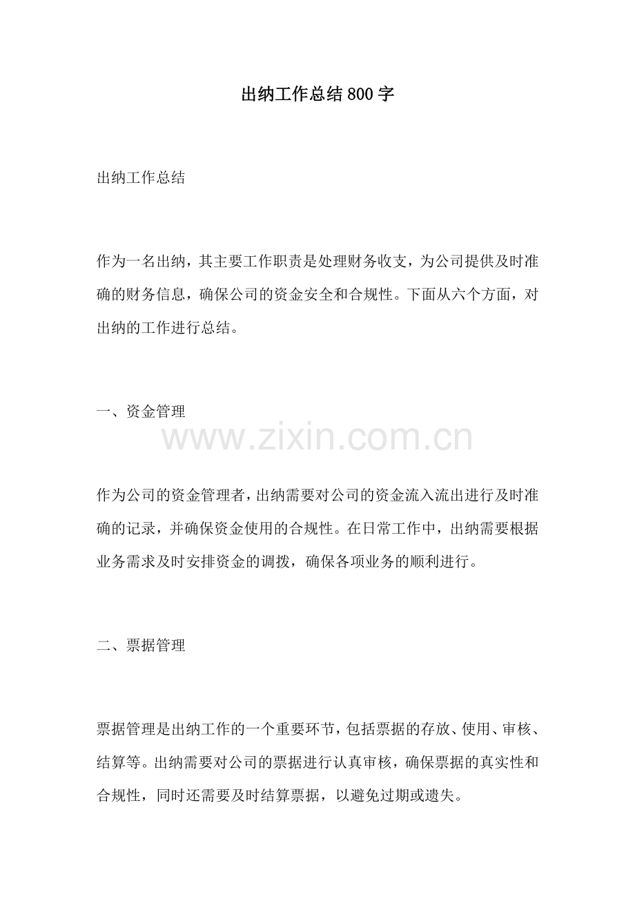 出纳工作总结800字.docx_第1页