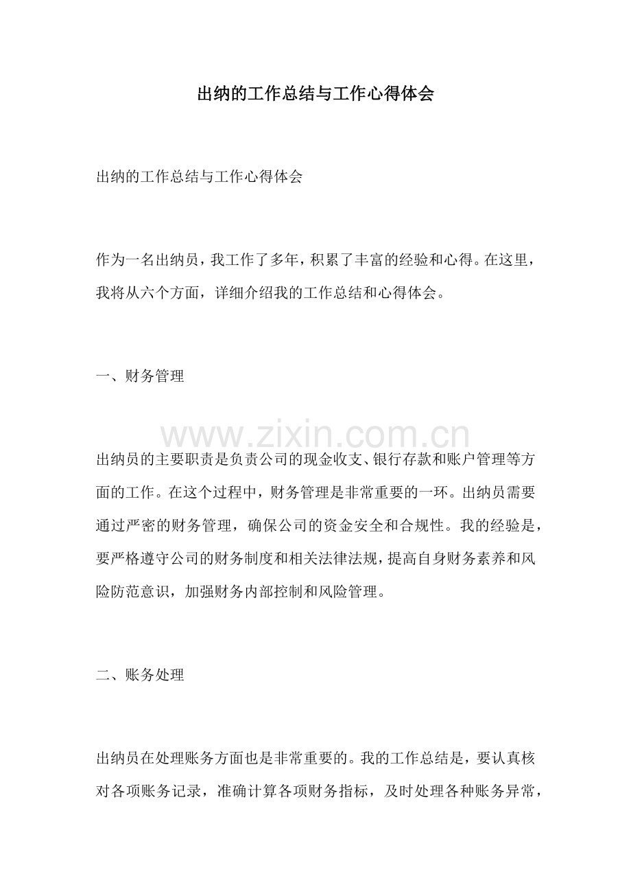 出纳的工作总结与工作心得体会.docx_第1页