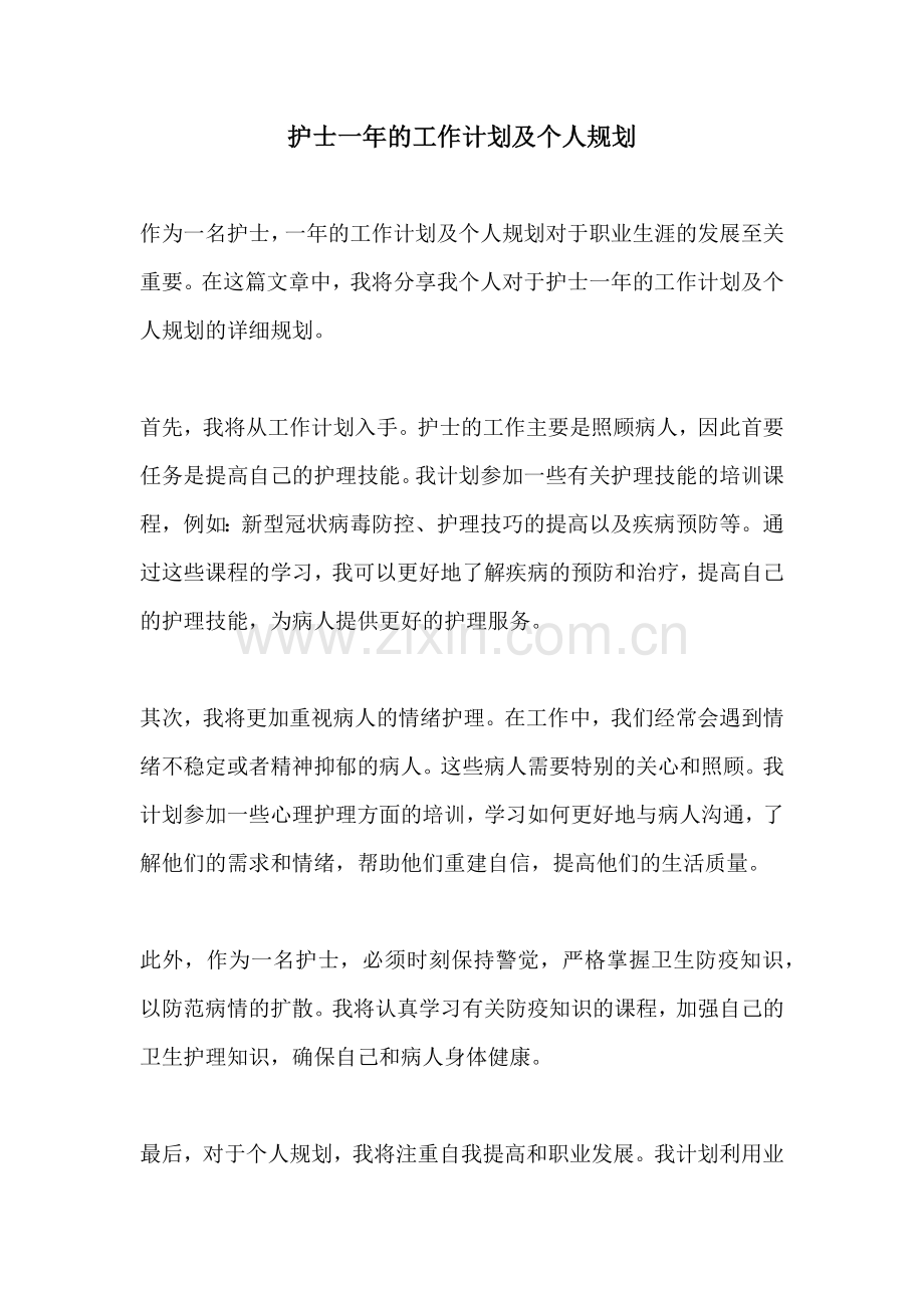 护士一年的工作计划及个人规划.docx_第1页