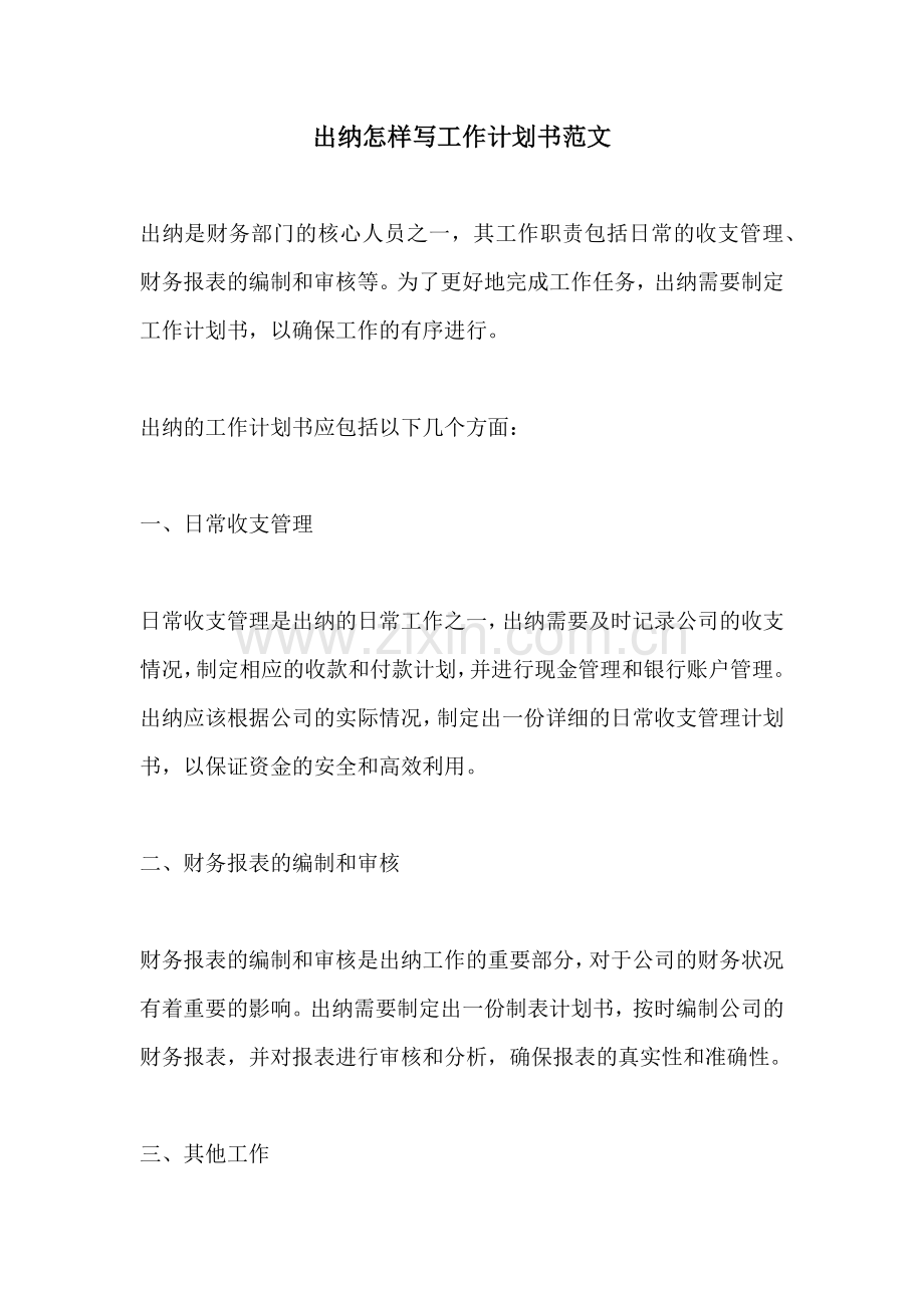 出纳怎样写工作计划书范文.docx_第1页