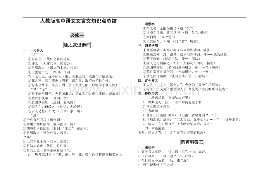 人教版高中语文(必修一至必修五)文言文知识点总结.pdf_第1页