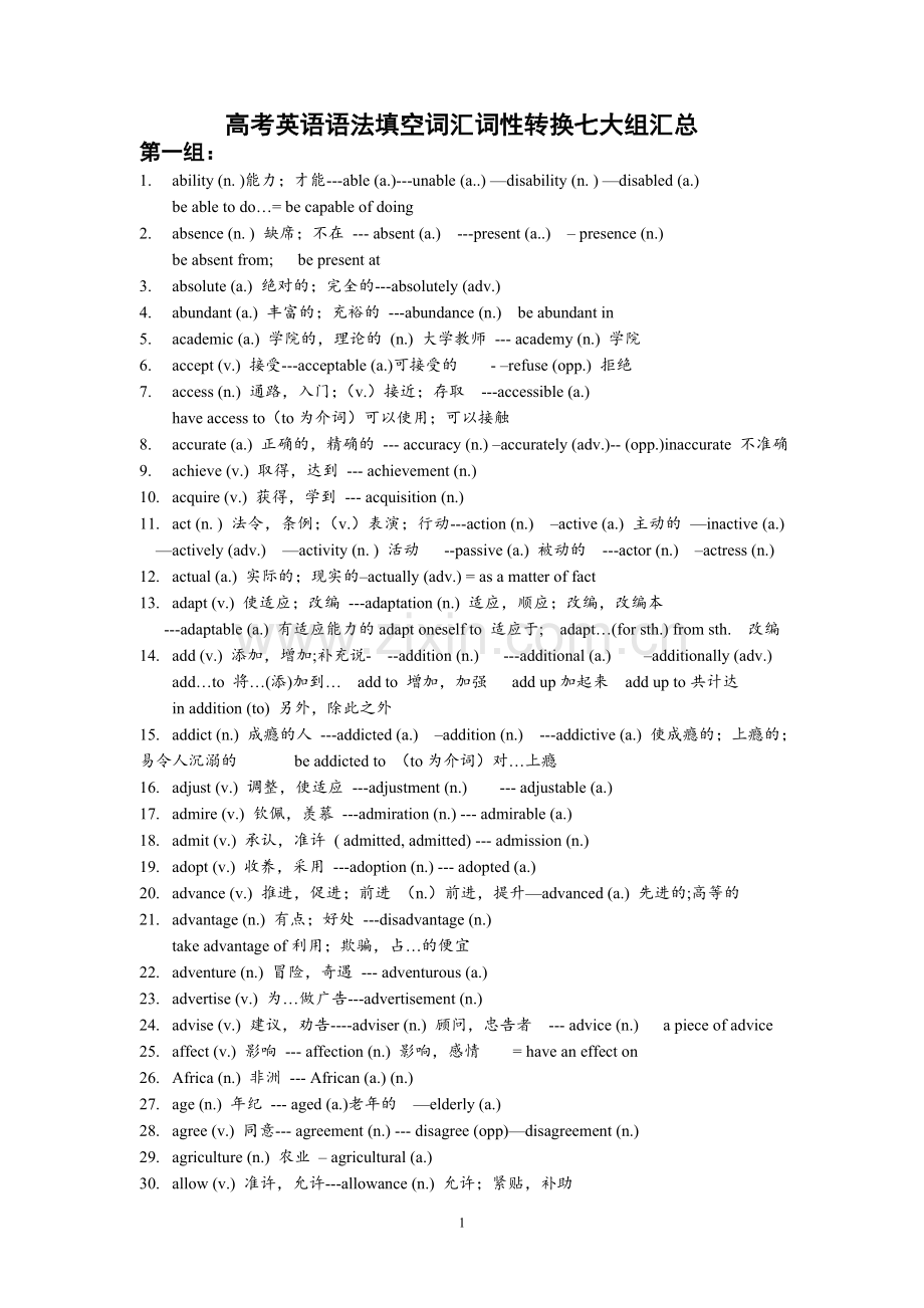 高考英语语法填空词汇词性转换七大组汇总.doc_第1页