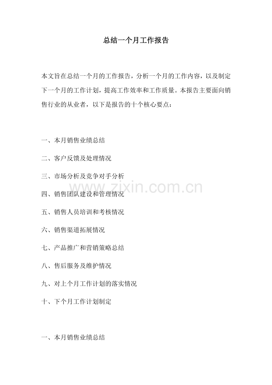 总结一个月工作报告.docx_第1页