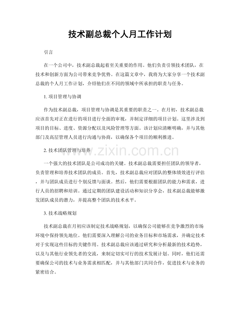 技术副总裁个人月工作计划.docx_第1页