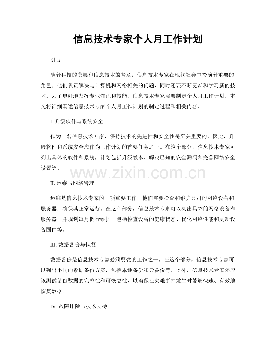 信息技术专家个人月工作计划.docx_第1页