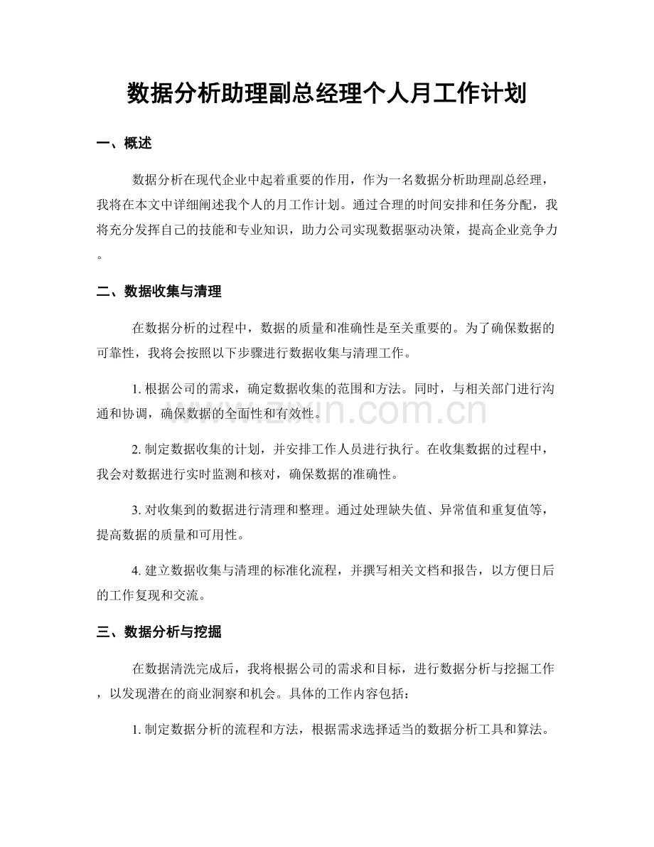 数据分析助理副总经理个人月工作计划.docx_第1页