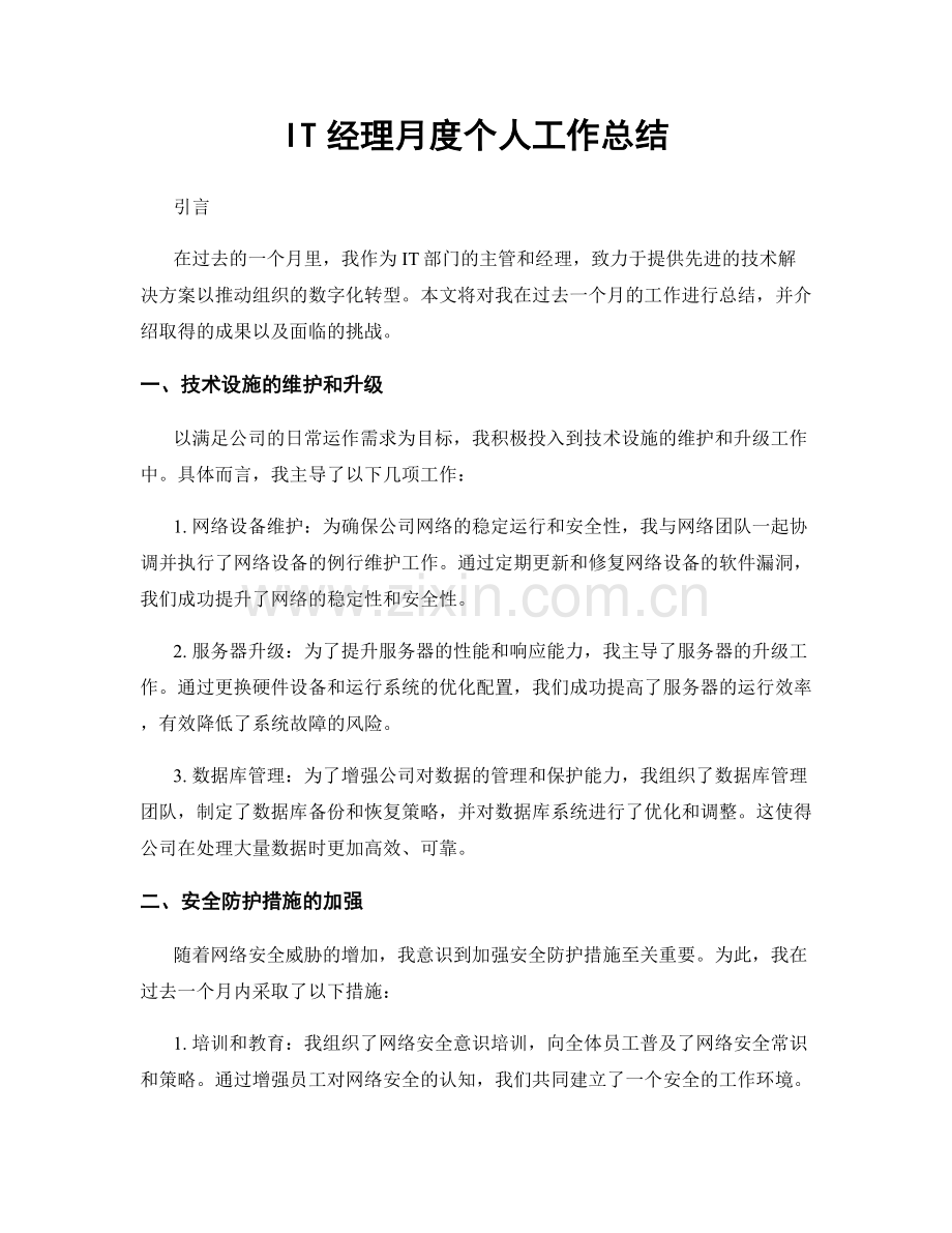 IT经理月度个人工作总结.docx_第1页