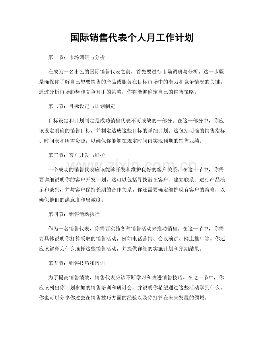 国际销售代表个人月工作计划.docx_第1页