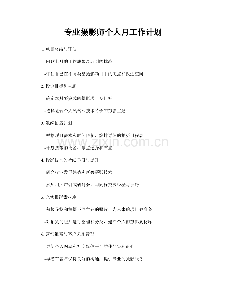 专业摄影师个人月工作计划.docx_第1页