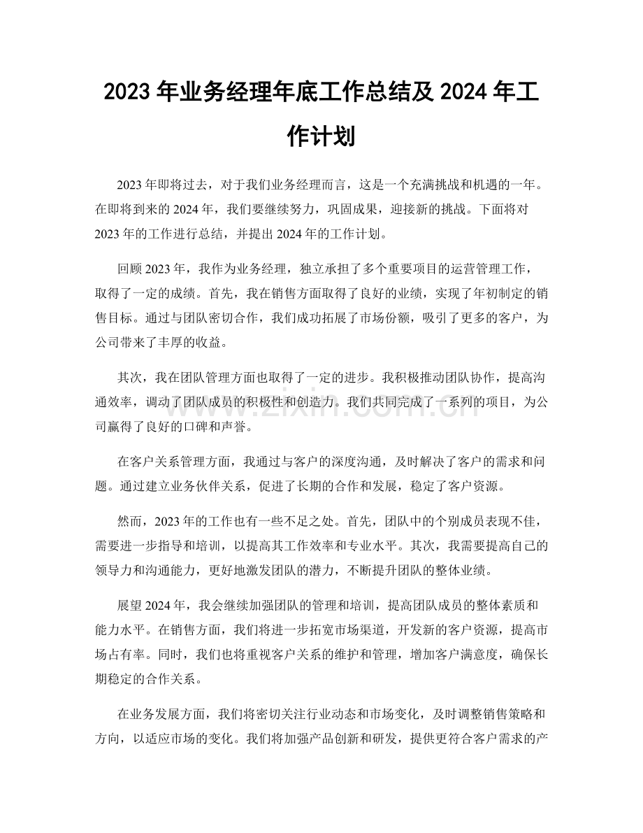 2023年业务经理年底工作总结及2024年工作计划.docx_第1页