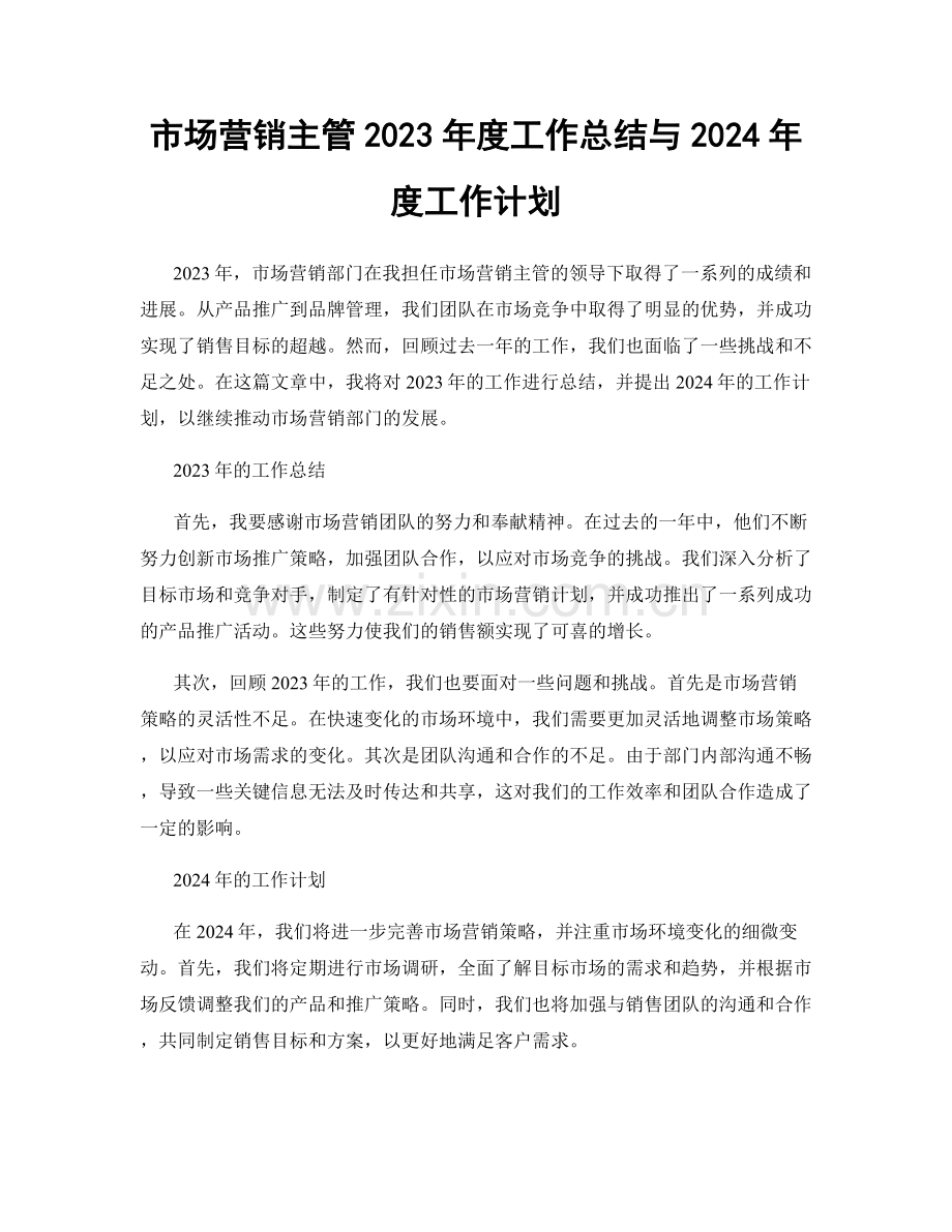 市场营销主管2023年度工作总结与2024年度工作计划.docx_第1页