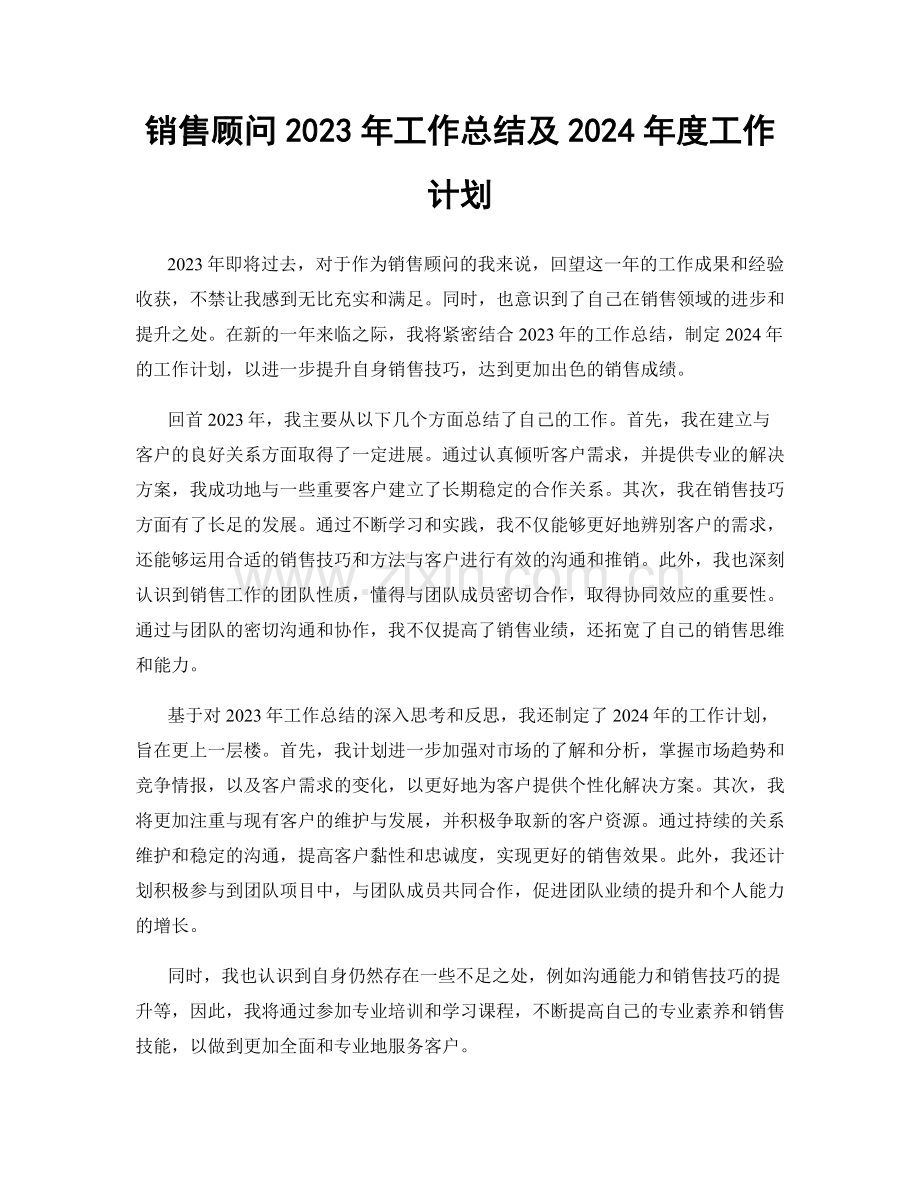 销售顾问2023年工作总结及2024年度工作计划.docx_第1页