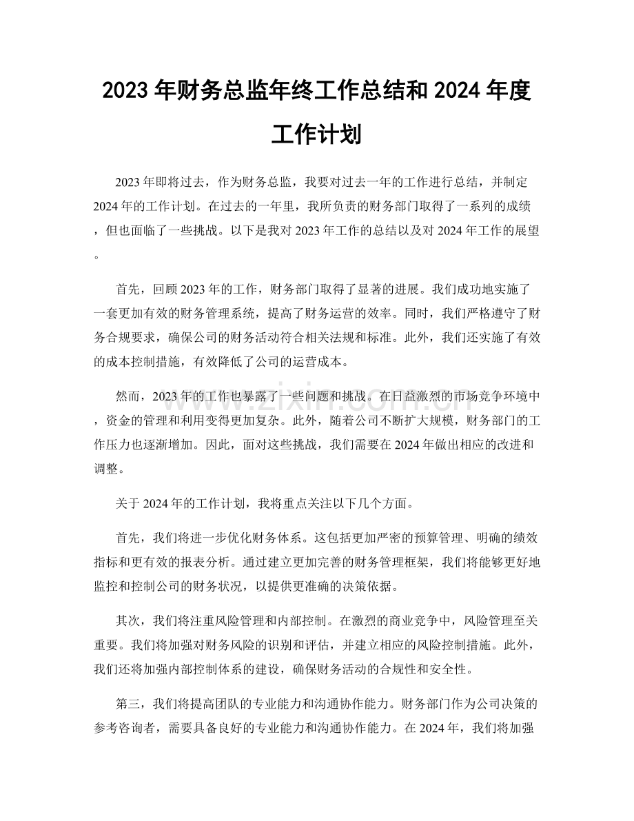 2023年财务总监年终工作总结和2024年度工作计划.docx_第1页