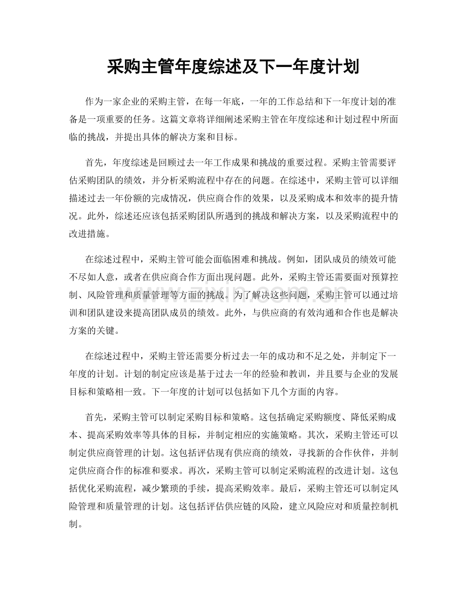 采购主管年度综述及下一年度计划.docx_第1页