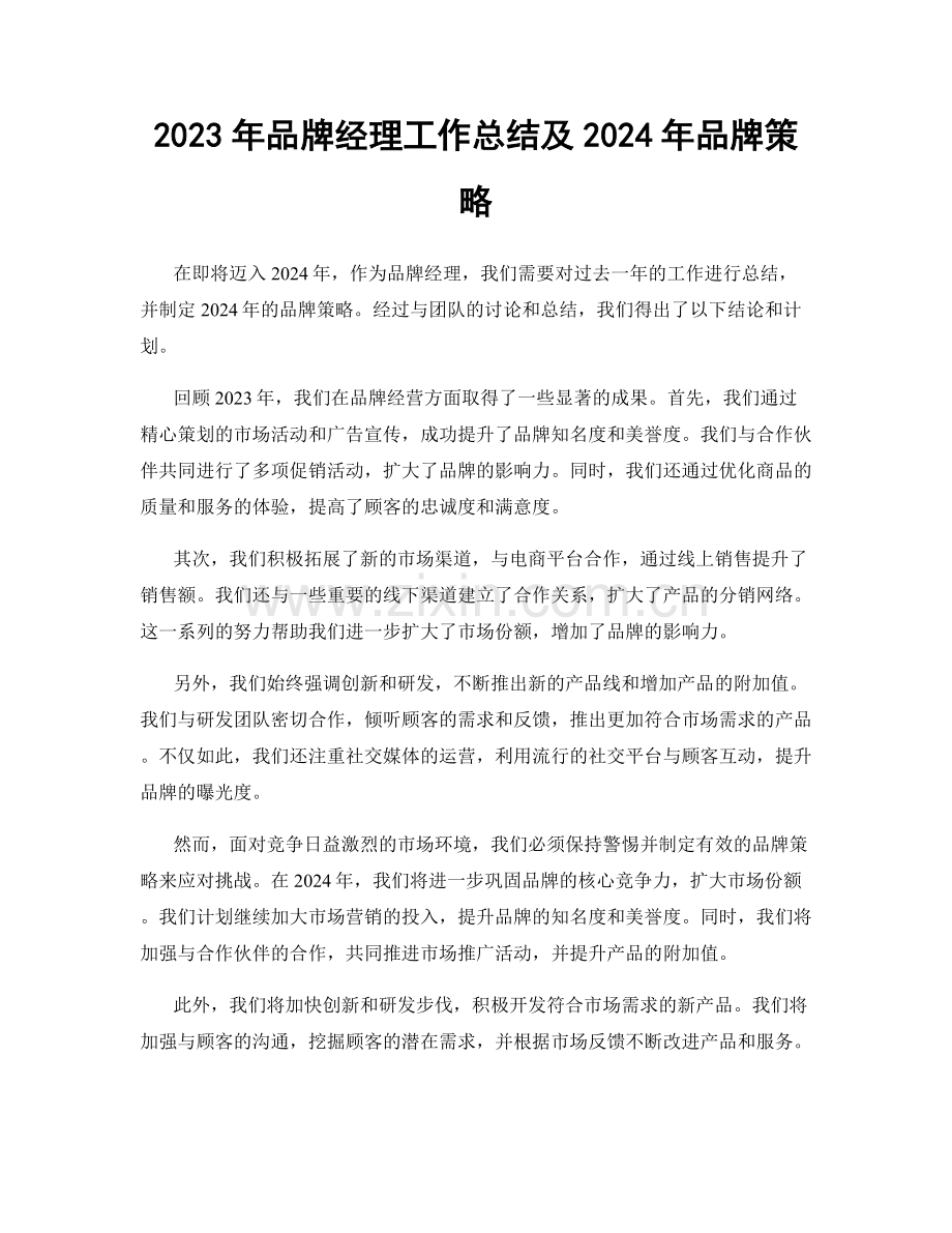 2023年品牌经理工作总结及2024年品牌策略.docx_第1页