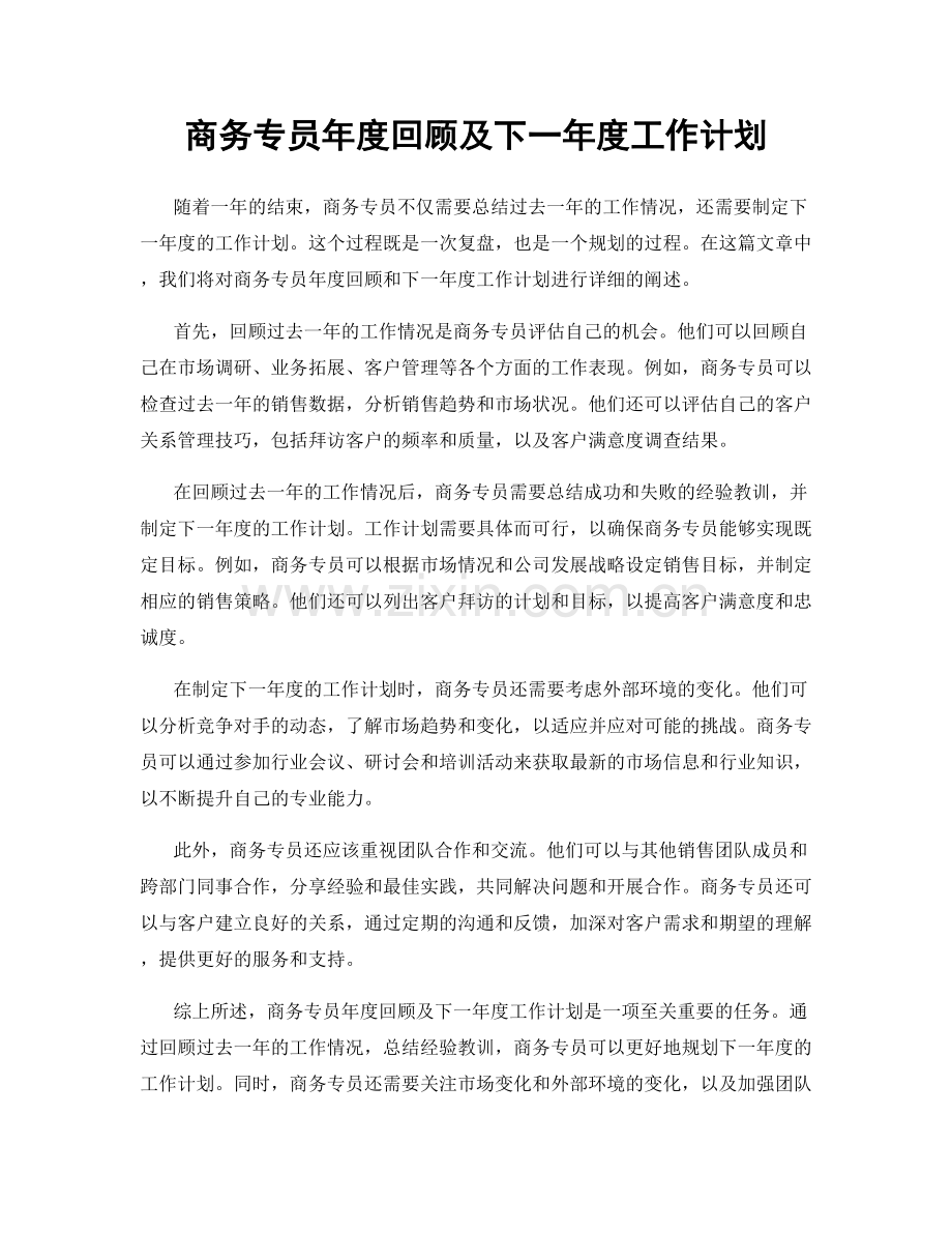 商务专员年度回顾及下一年度工作计划.docx_第1页