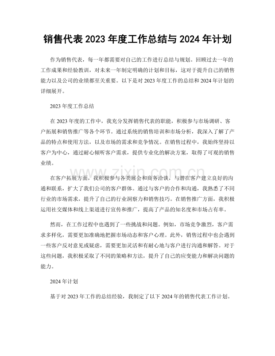 销售代表2023年度工作总结与2024年计划.docx_第1页