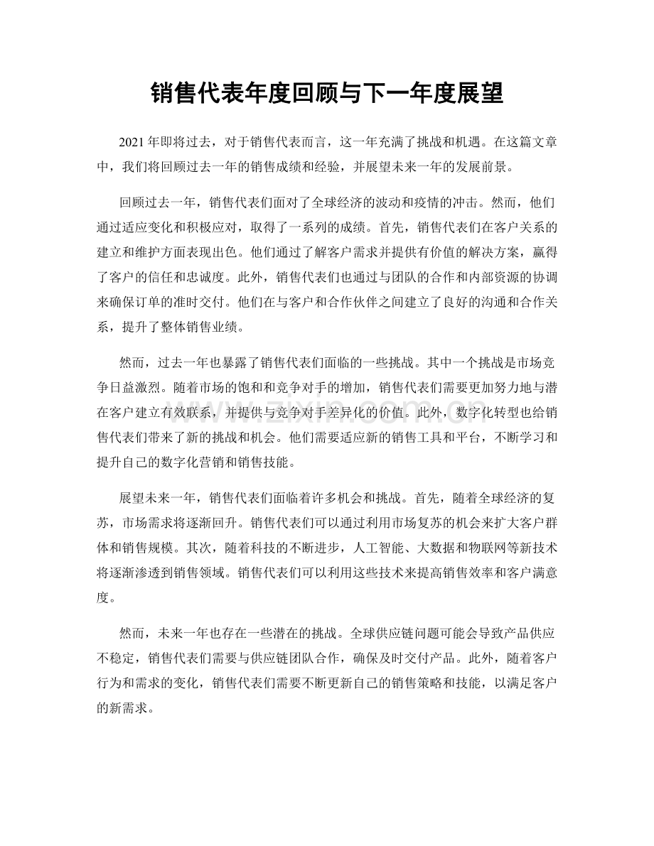 销售代表年度回顾与下一年度展望.docx_第1页