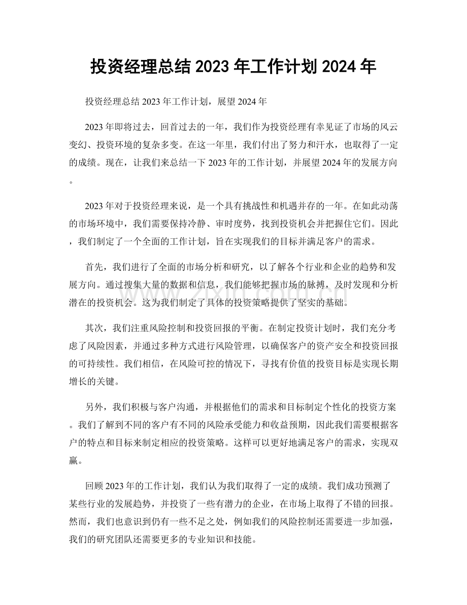 投资经理总结2023年工作计划2024年.docx_第1页