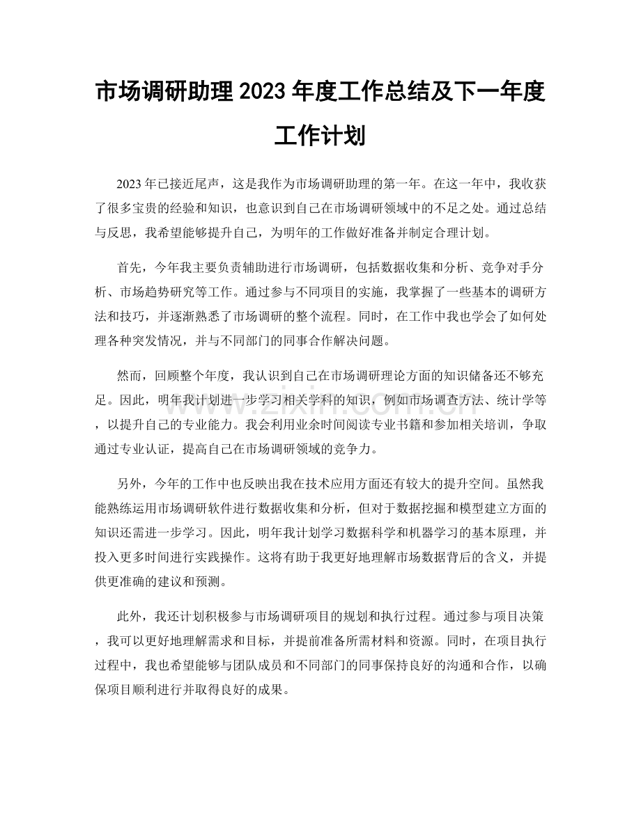 市场调研助理2023年度工作总结及下一年度工作计划.docx_第1页