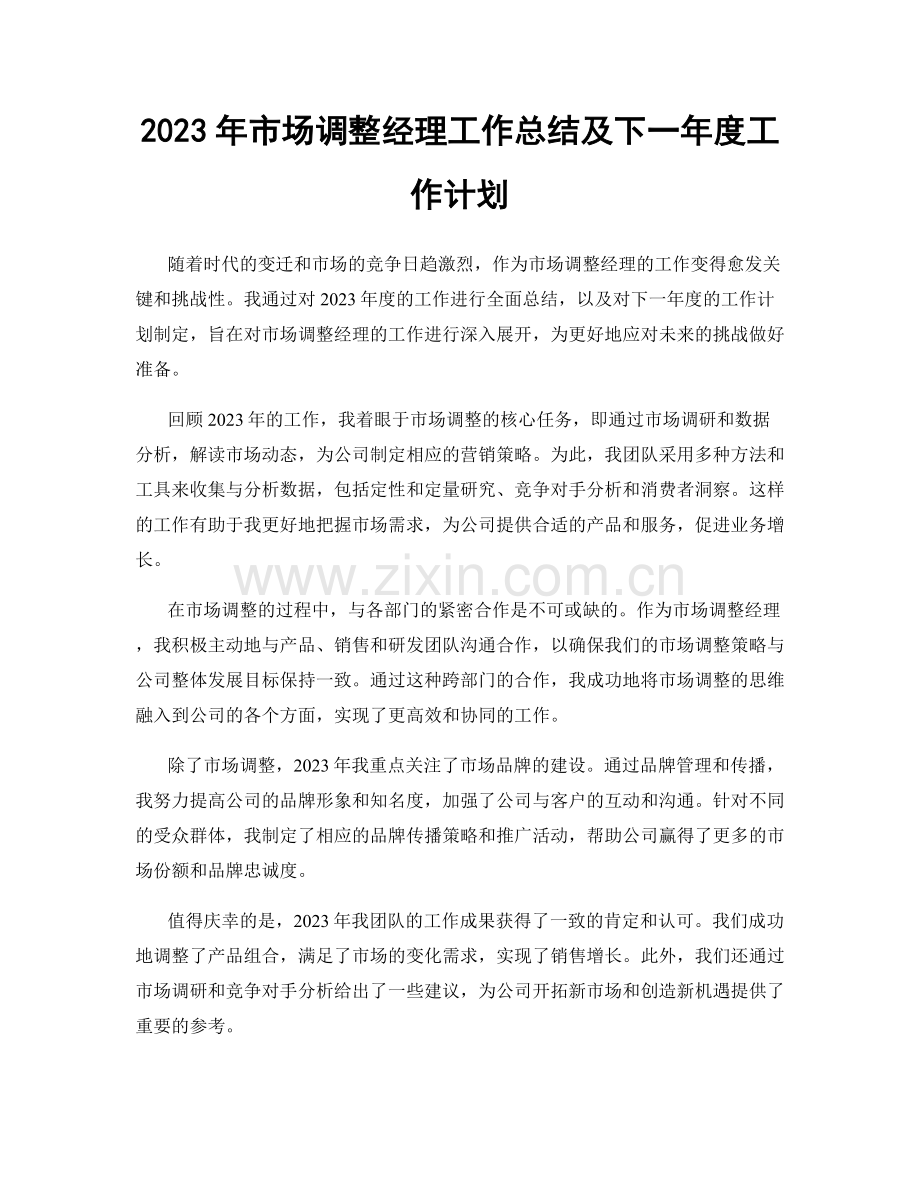 2023年市场调整经理工作总结及下一年度工作计划.docx_第1页