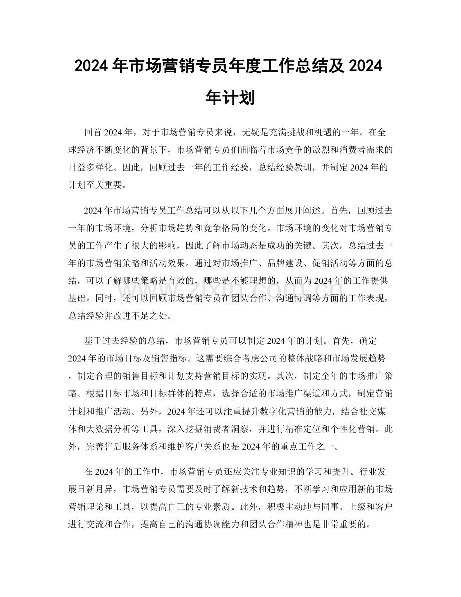 2024年市场营销专员年度工作总结及2024年计划.docx_第1页