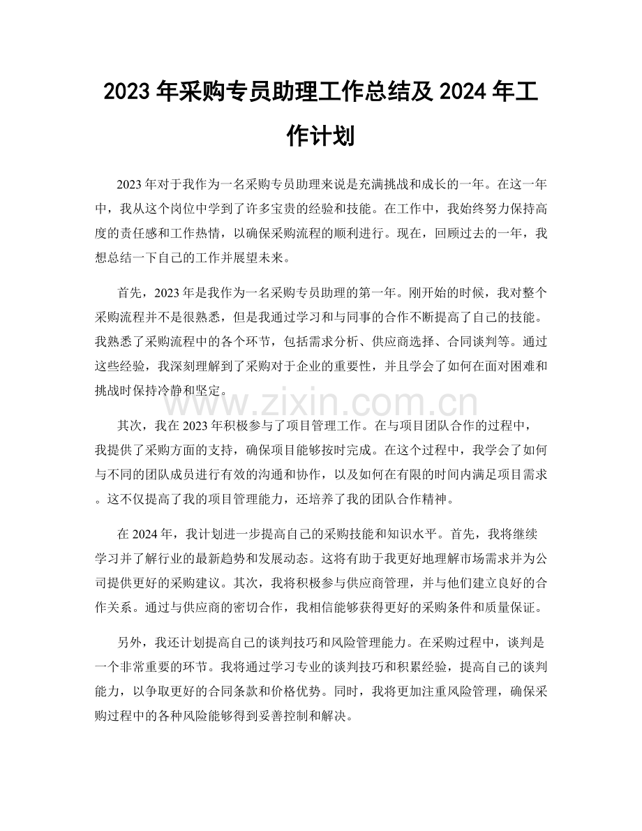 2023年采购专员助理工作总结及2024年工作计划.docx_第1页