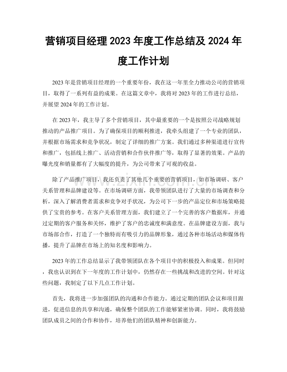 营销项目经理2023年度工作总结及2024年度工作计划.docx_第1页