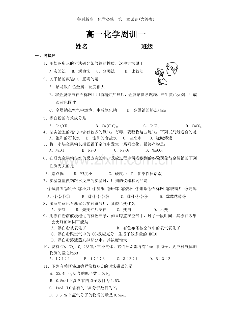 鲁科版高一化学必修一第一章试题(含答案).doc_第1页