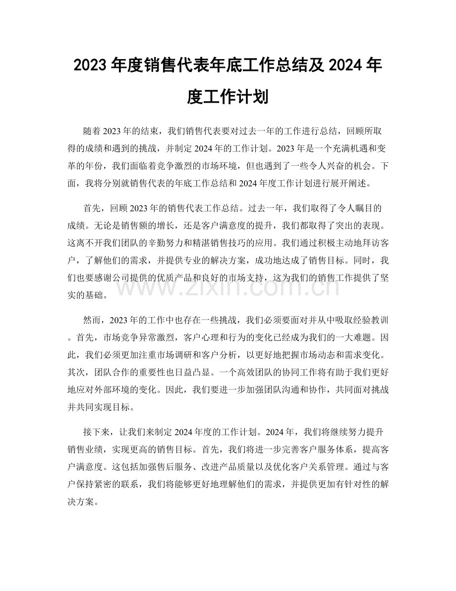 2023年度销售代表年底工作总结及2024年度工作计划.docx_第1页